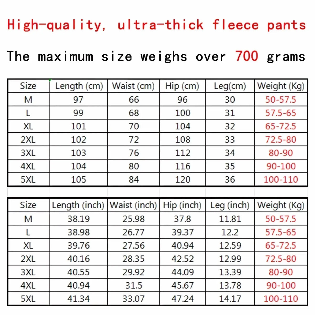 Men fleece lined winter casual sweatpants in ultra-thick fleece with size and measurement charts for various fits