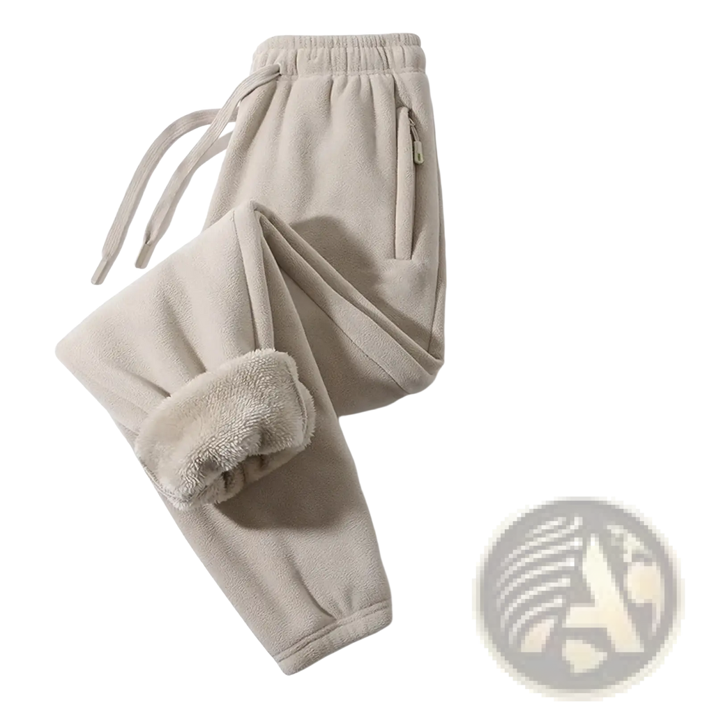 Beige men fleece lined winter casual sweatpants with cozy thick interior lining and elastic waistband for comfort