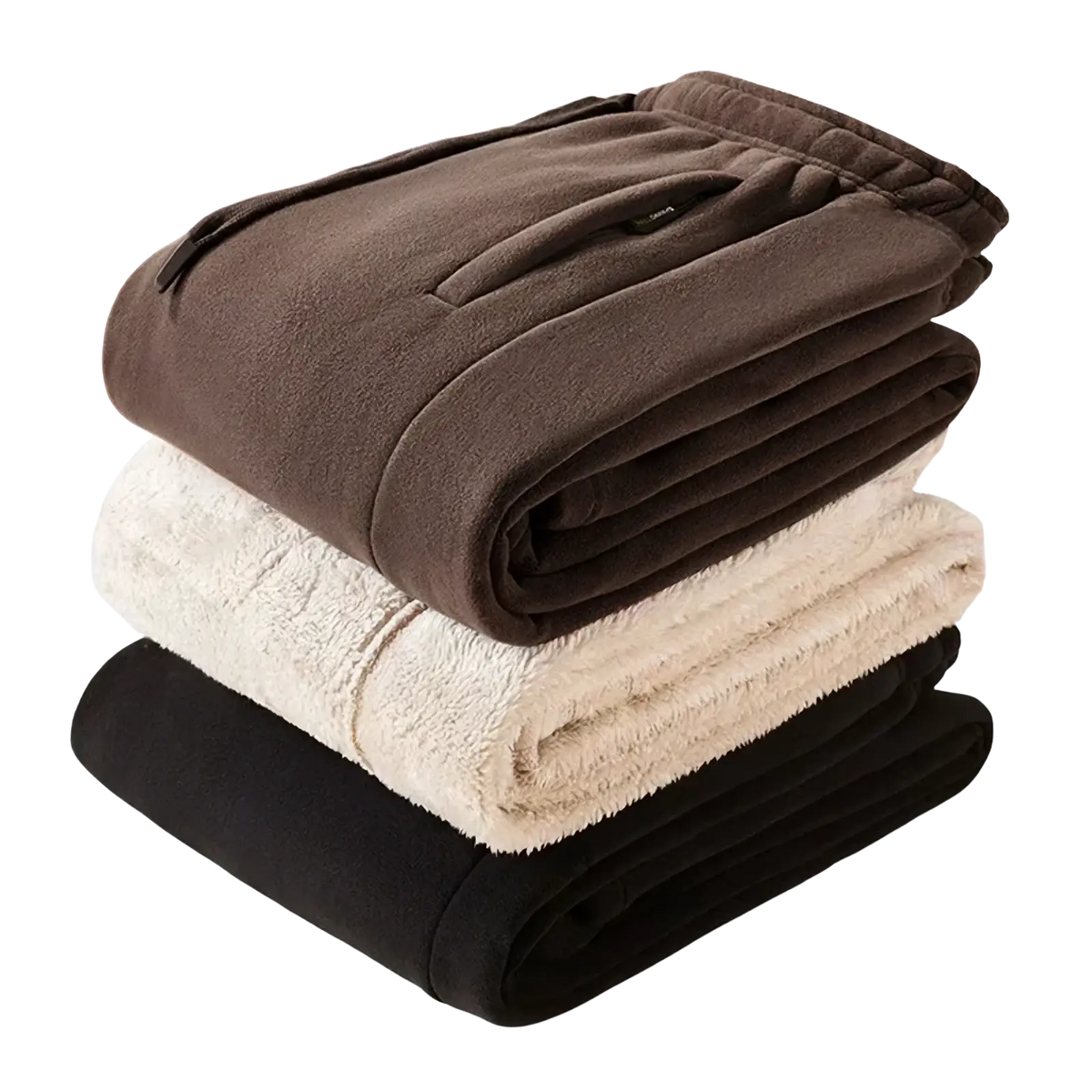 Men fleece lined winter casual sweatpants stacked neatly in brown cream and black cozy fleece material