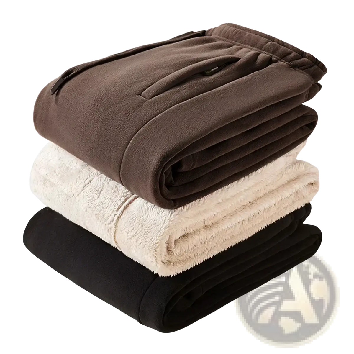 Men fleece lined winter casual sweatpants stacked neatly in brown cream and black cozy fleece material