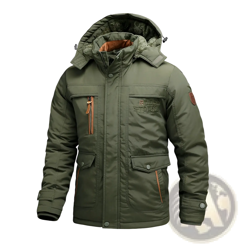 Men fleece lined winter coat olive green insulated jacket with hood lined in faux fur and brown zipper pulls