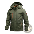 Men fleece lined winter coat olive green insulated jacket with hood lined in faux fur and brown zipper pulls