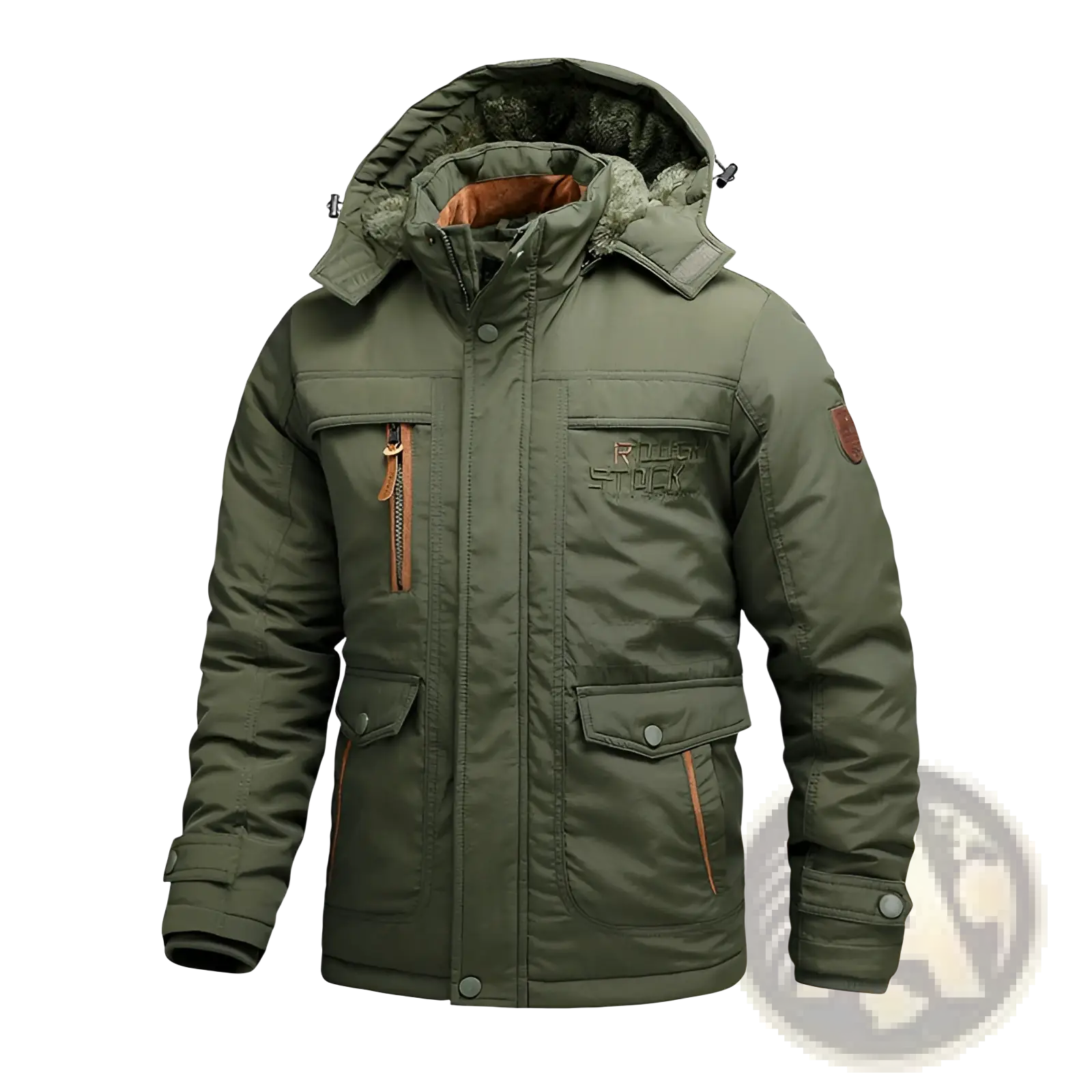Men fleece lined winter coat olive green insulated jacket with hood lined in faux fur and brown zipper pulls