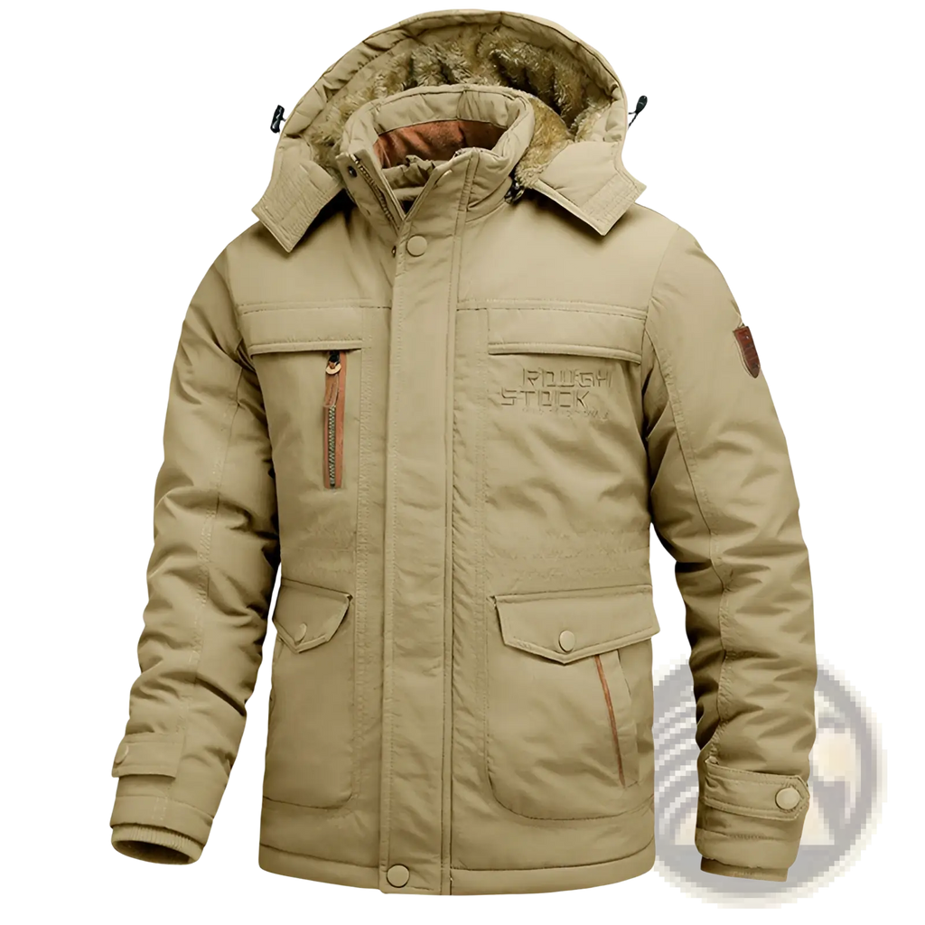 Beige insulated men fleece lined winter coat with fur-lined hood multiple pockets and rough stock logo on chest