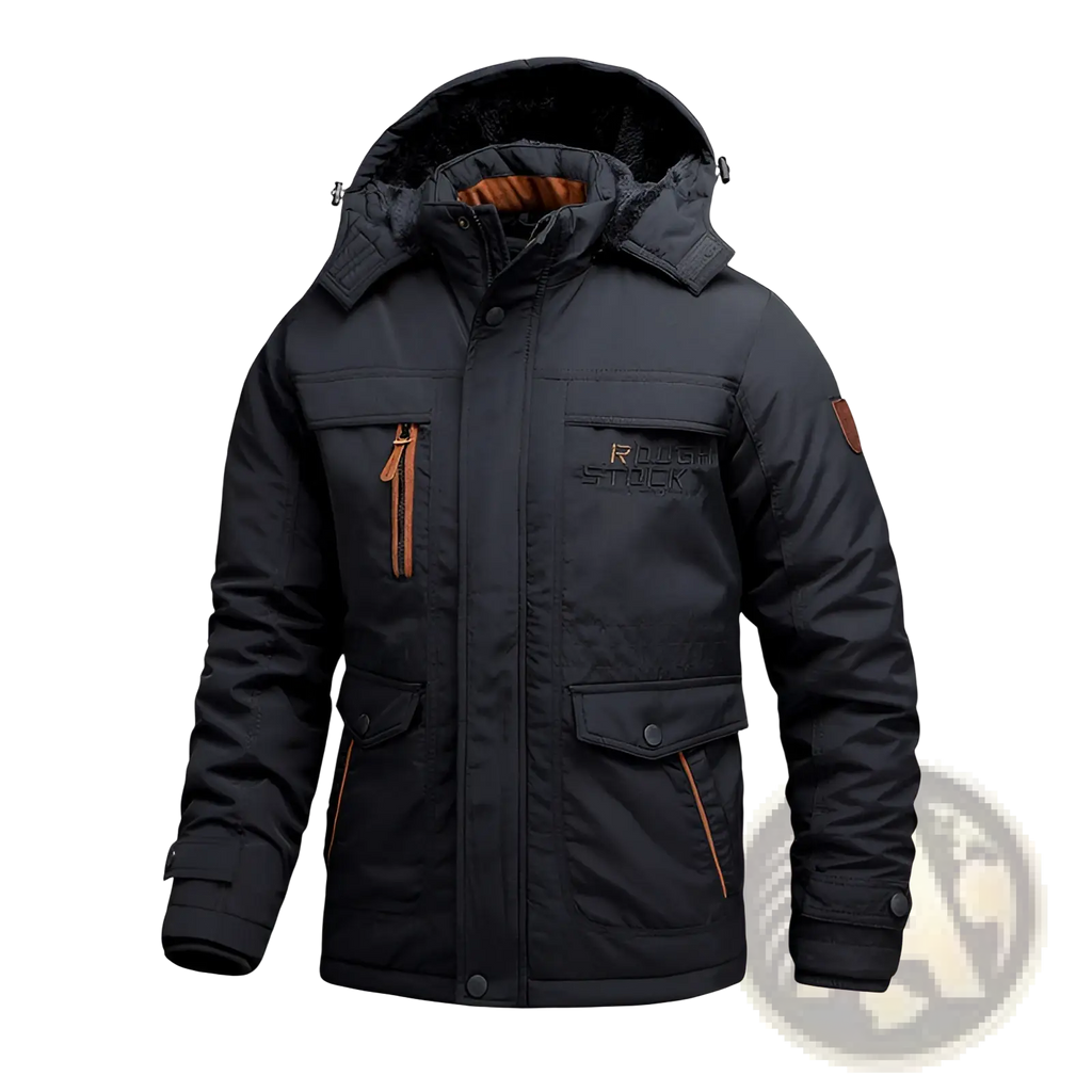 Men fleece lined winter coat black insulated jacket with hood dark fur lining orange zipper pulls and rug stock logo
