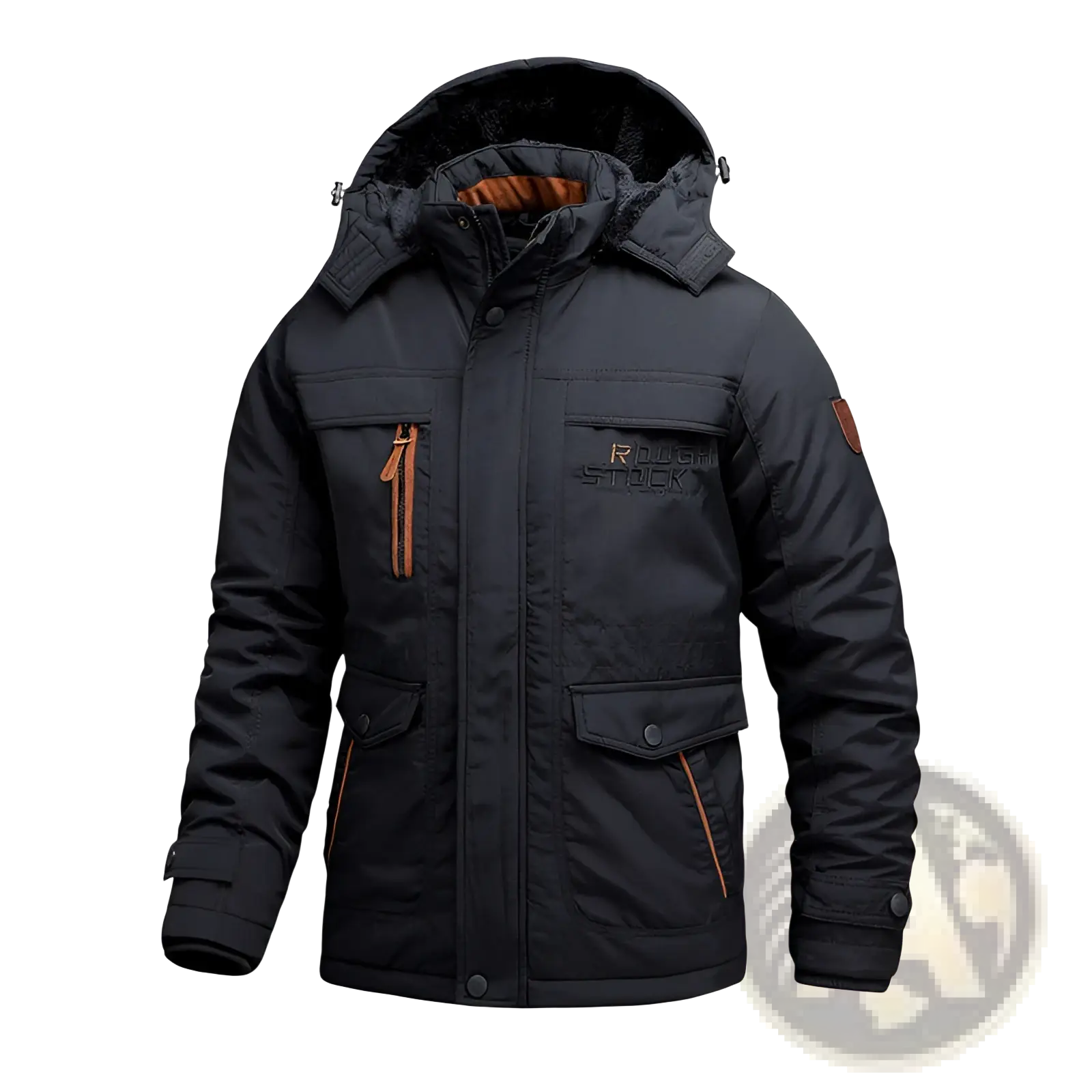 Men fleece lined winter coat black insulated jacket with hood dark fur lining orange zipper pulls and rug stock logo
