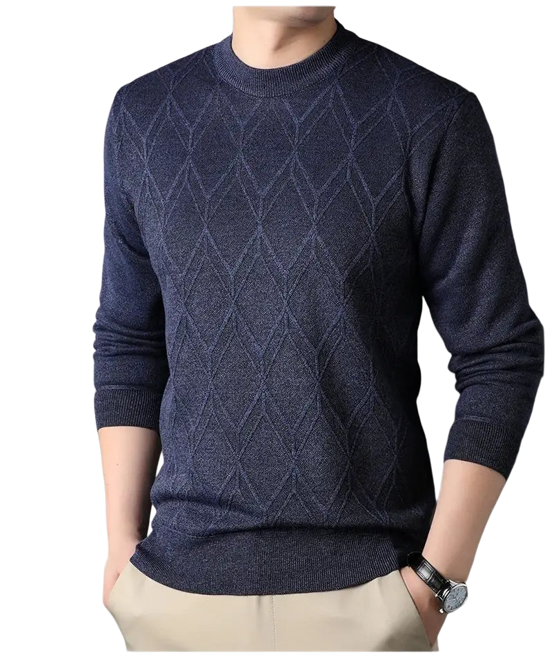 Dark blue diamond-patterned men fleece lined winter crewneck sweater with ribbed cuffs and hem for cold weather