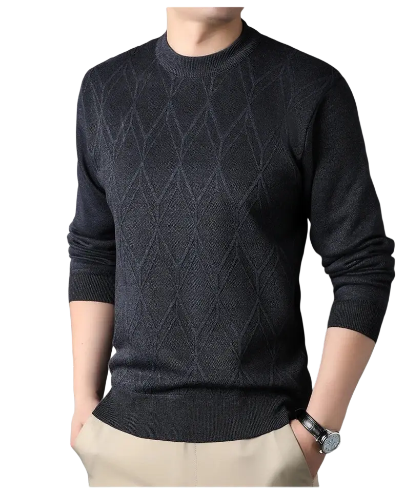 Dark gray men fleece lined winter crewneck sweater with subtle diamond patterned knit design