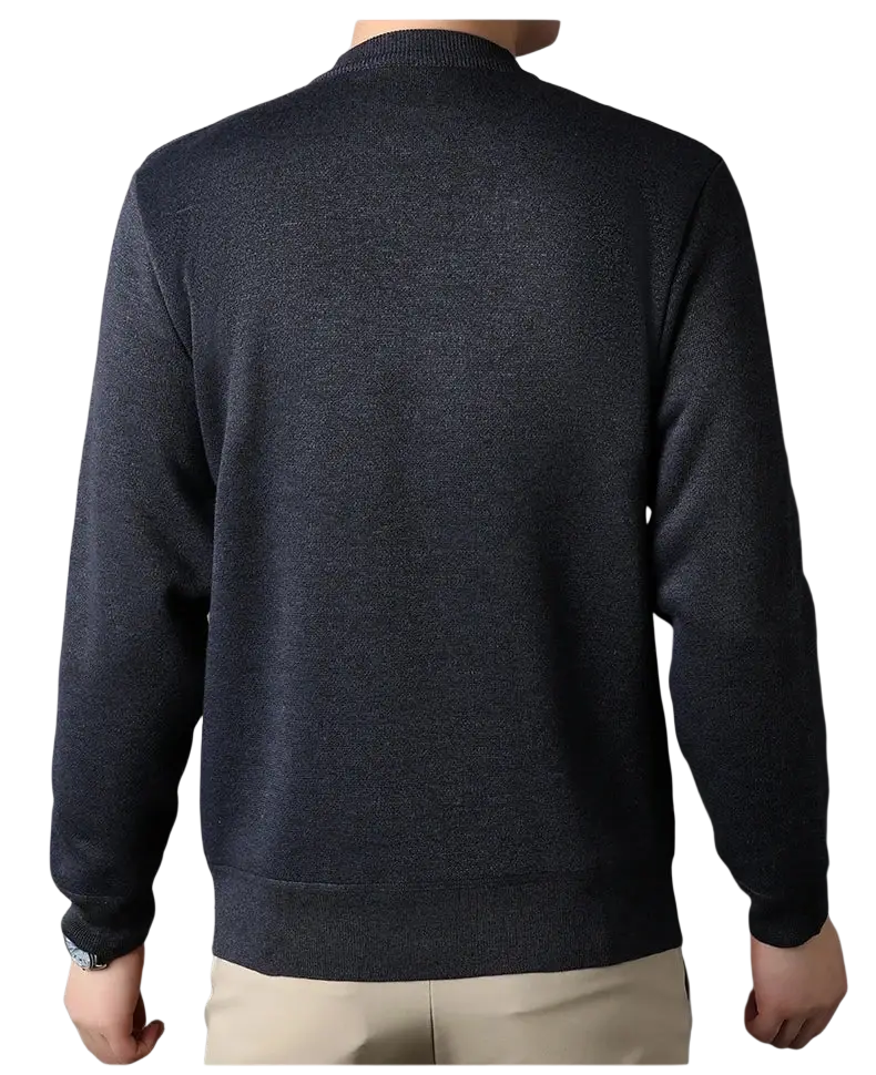 Men fleece lined winter crewneck sweater in dark heathered gray knit with ribbed cuffs and hem for warmth and style