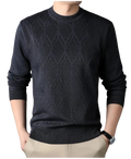 Men fleece lined winter crewneck sweater in dark navy blue with subtle diamond-patterned knit design