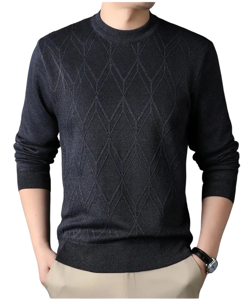 Men fleece lined winter crewneck sweater in dark navy blue with subtle diamond-patterned knit design