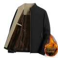 Men fleece lined winter jacket in black with plush brown fur interior and beige inner collar for business casual wear
