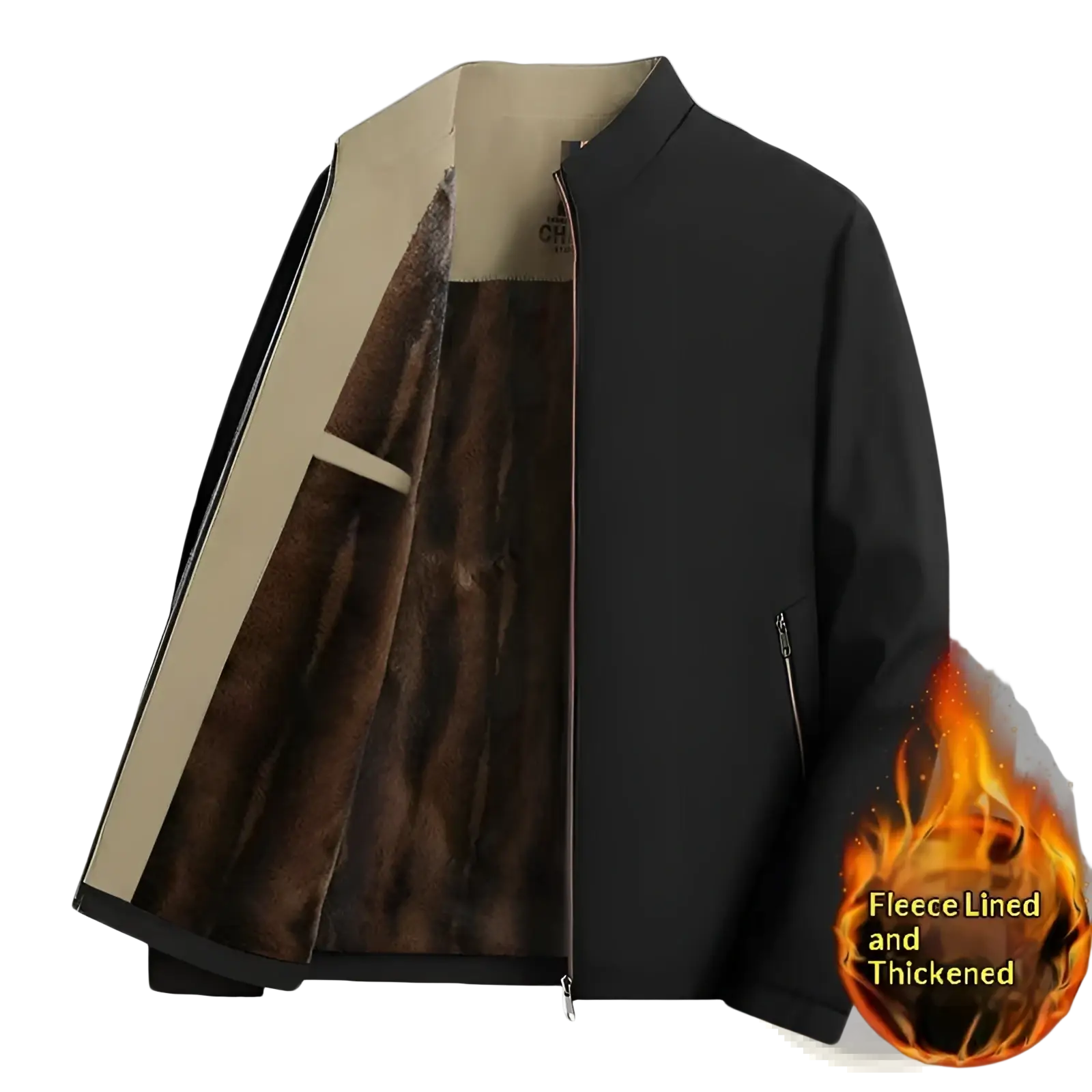 Men fleece lined winter jacket in black with plush brown fur interior and beige inner collar for business casual wear