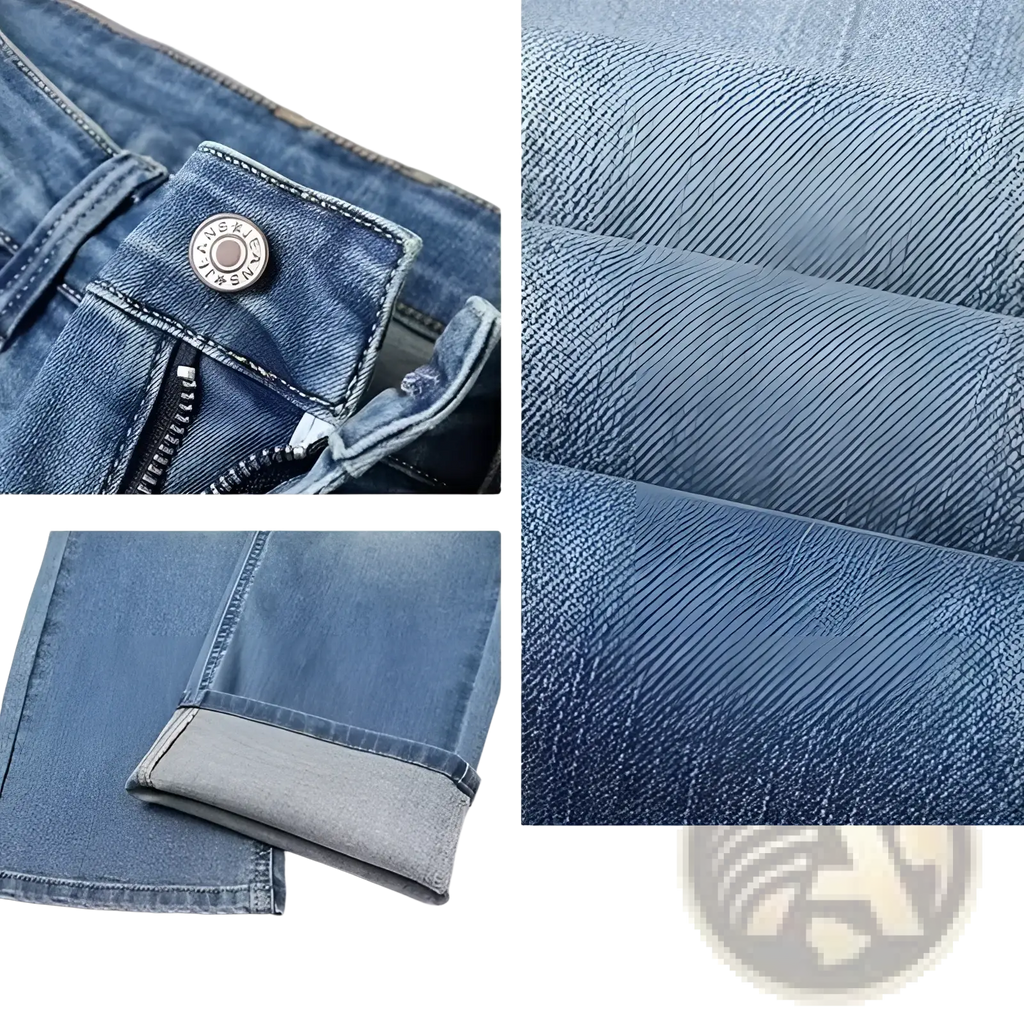 Men fleece lined winter jeans in blue denim with classic five-pocket design and rolled cuffs for casual wear