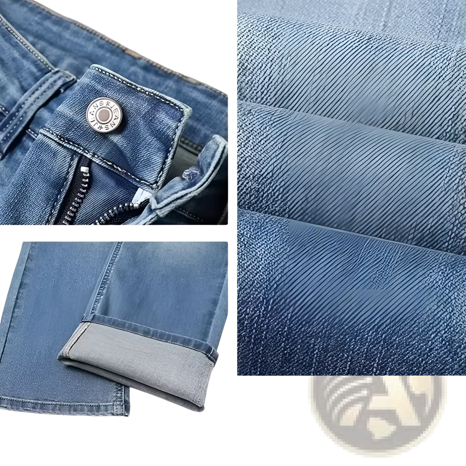 Men fleece lined winter jeans in blue denim with classic five-pocket design and rolled cuffs for casual wear