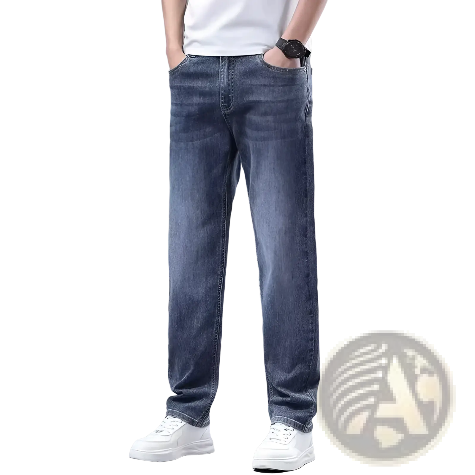 Men fleece lined winter jeans in blue denim with relaxed fit and subtle fading for loose straight comfort