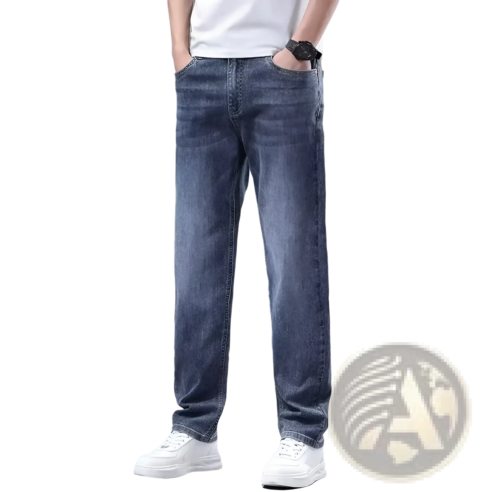 Men fleece lined winter jeans in blue denim with a relaxed fit and subtle fading for cold weather comfort