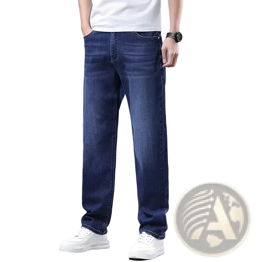 Dark blue fleece lined winter jeans for men with straight-leg cut and visible stitching details for cold weather