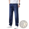 Dark blue fleece lined winter jeans for men with straight-leg cut and visible stitching details for cold weather