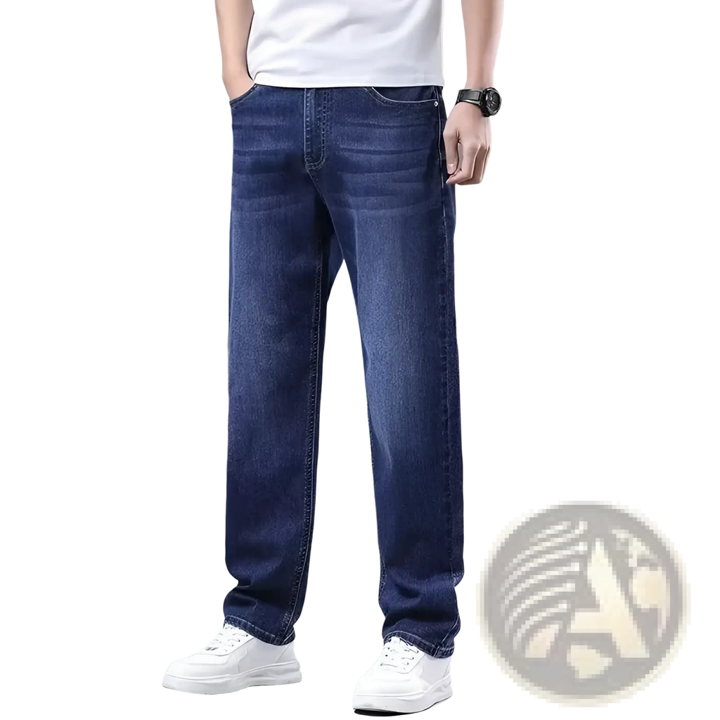 Dark blue denim men fleece lined winter jeans with straight-leg cut and classic stitching for loose fit comfort