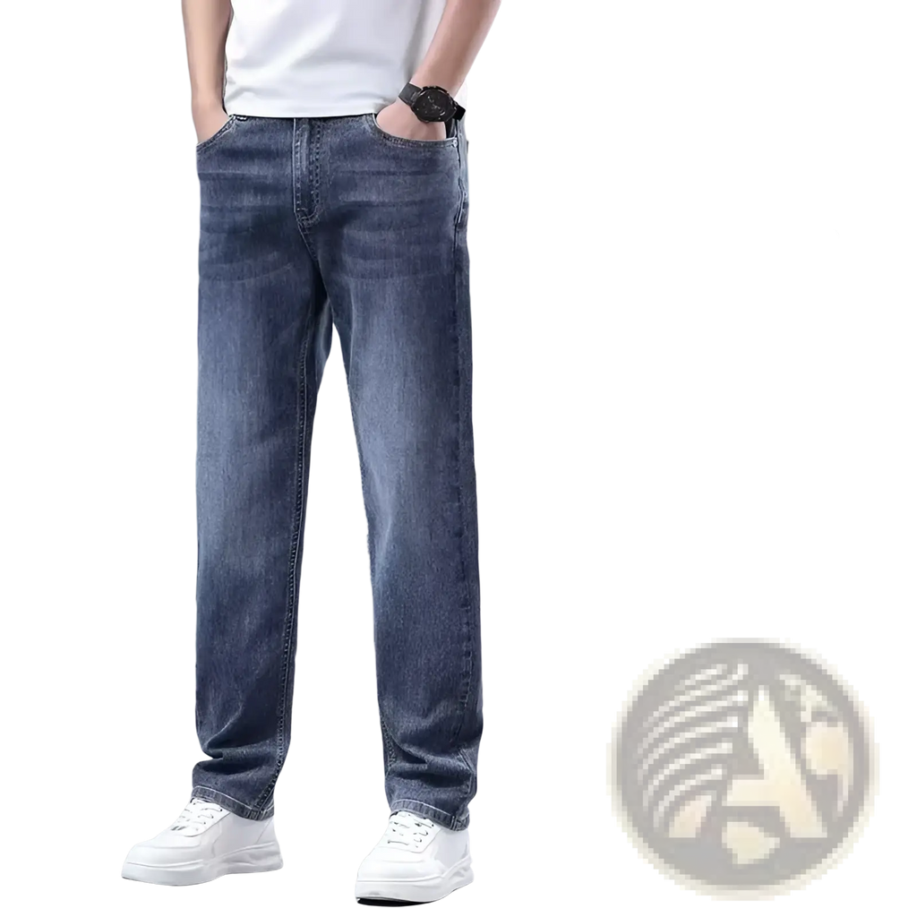 Men fleece lined winter jeans in dark wash denim with a cozy fleece interior for warmth and loose straight fit