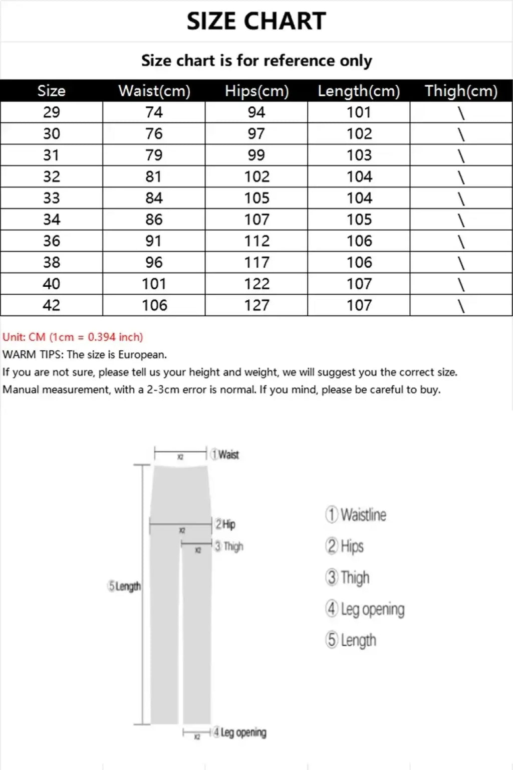 Men fleece lined winter jeans loose straight denim pants european size chart showing waist hips thigh length in cm