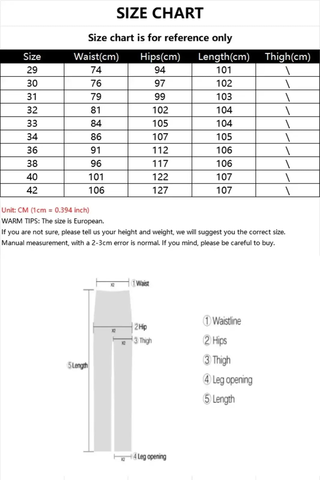 Men fleece lined winter jeans loose straight denim pants european size chart showing waist hips thigh length in cm