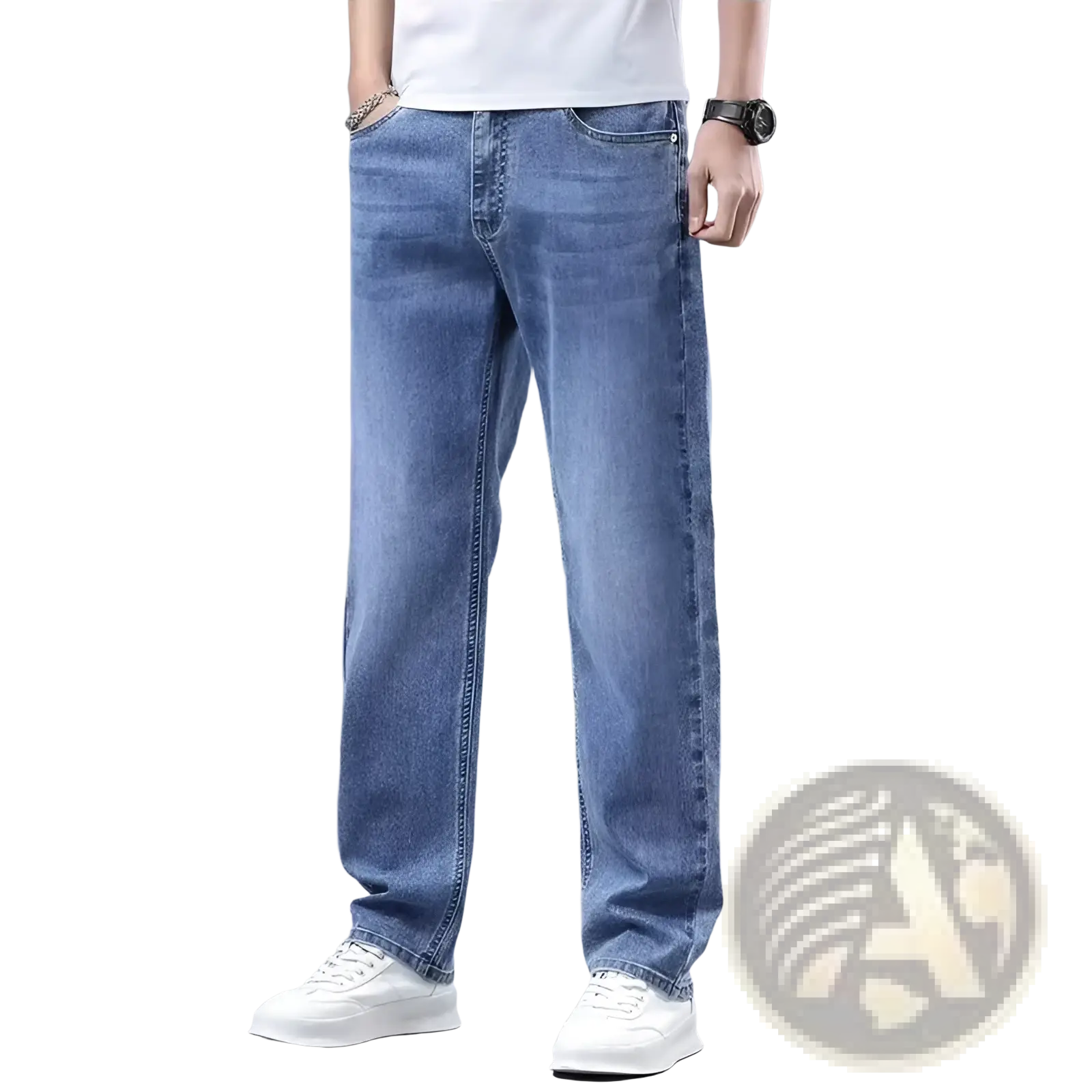 Men fleece lined winter jeans in light wash blue denim with straight leg cut and classic stitching for cold weather
