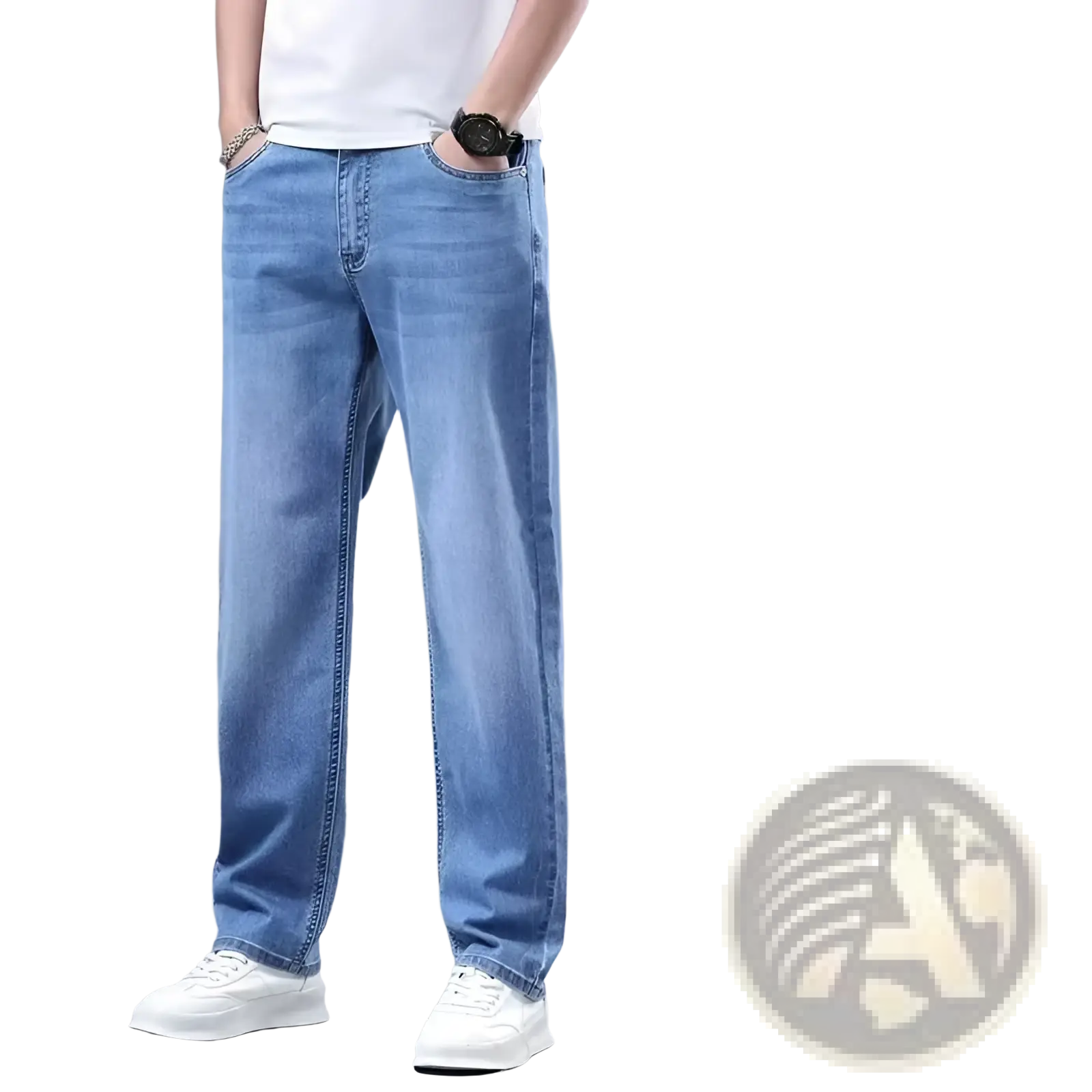Men fleece lined winter jeans in light-wash blue denim with a loose straight cut and cozy fleece lining for warmth