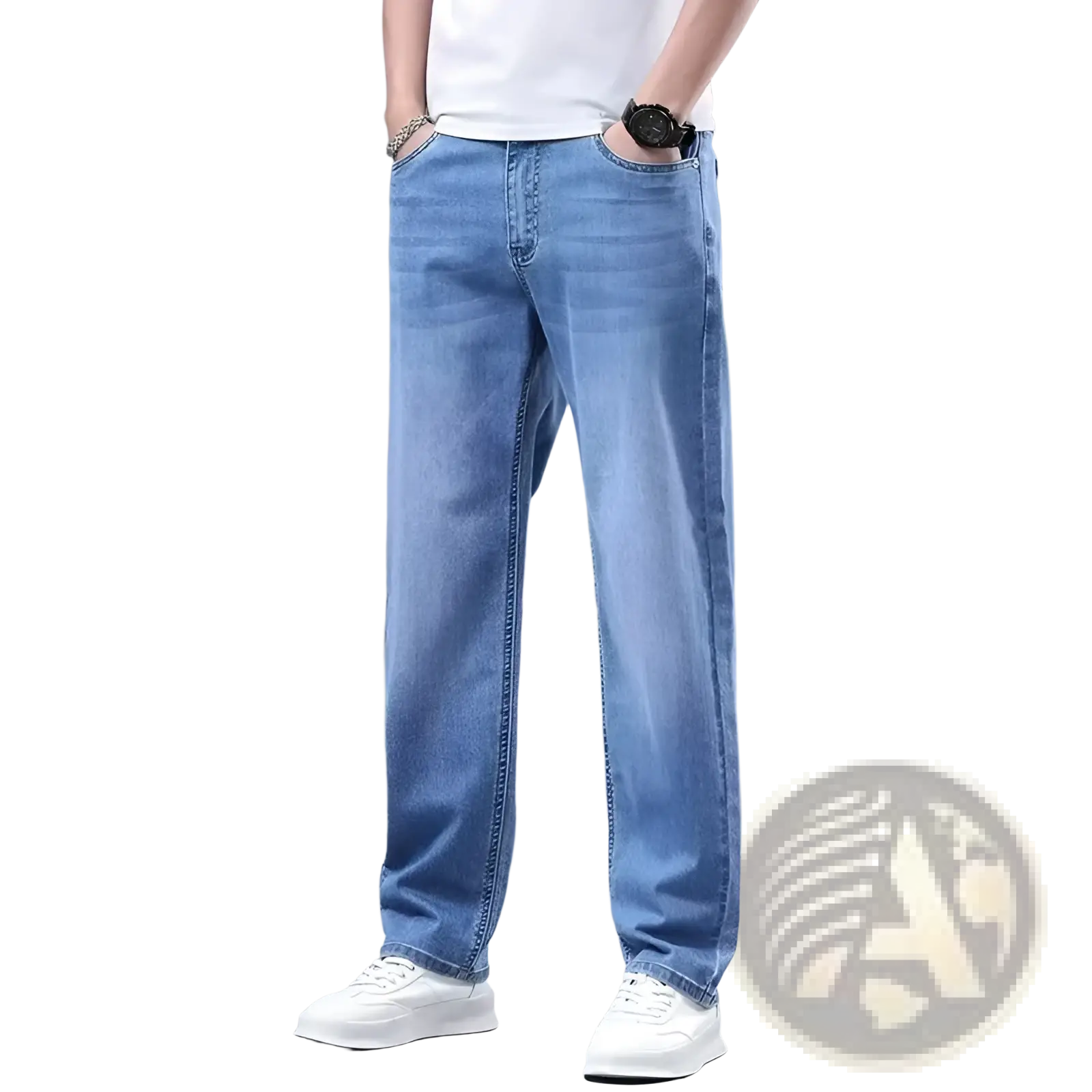 Men fleece lined winter jeans in light-wash blue denim with a loose straight-leg cut and classic stitching