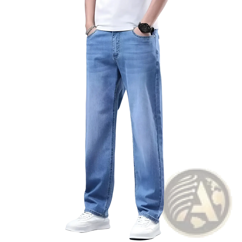 Men fleece lined winter jeans in light-wash blue denim with a loose straight-leg cut and classic stitching