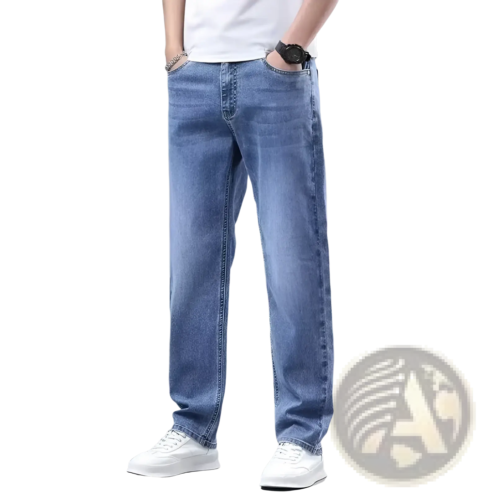 Light-wash blue men fleece lined winter jeans with a loose straight cut and classic stitching for cold weather