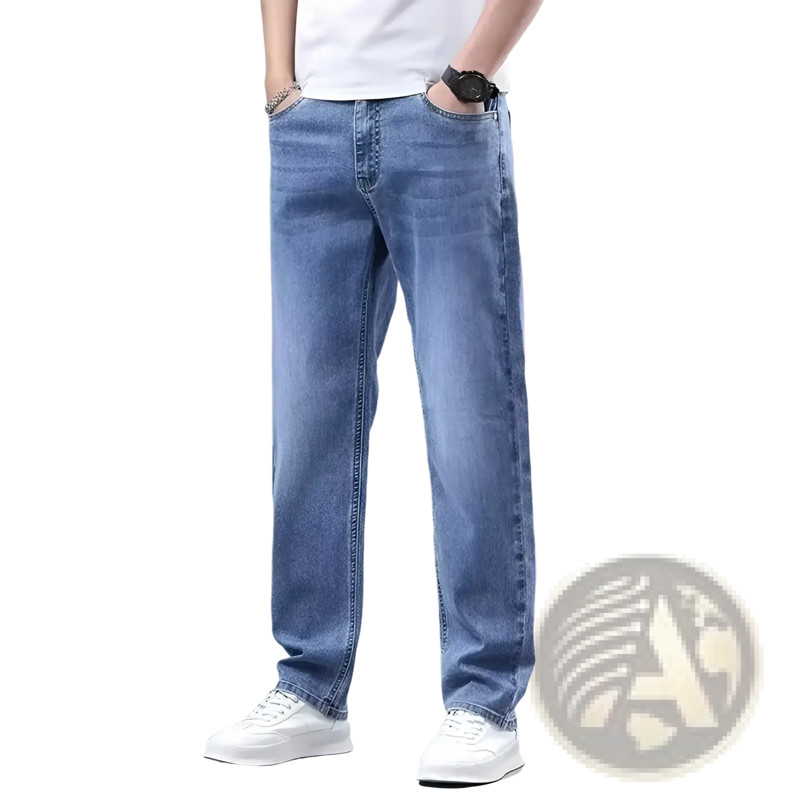 Light-wash blue men fleece lined winter jeans with a loose straight cut and classic stitching for cold weather