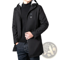 Men fleece lined winter trench coat black hooded jacket with white fleece lining and chest patch for casual outerwear