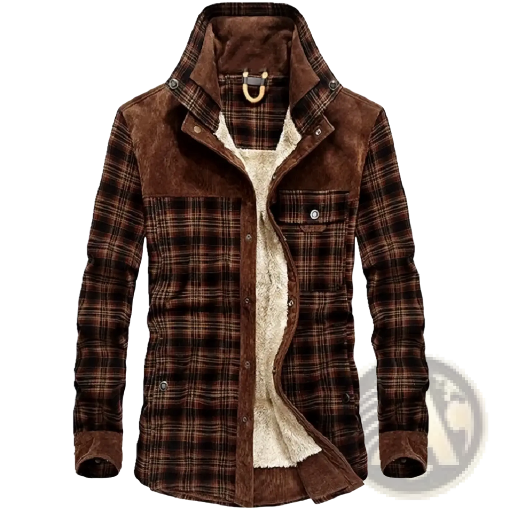 Men fleece plaid casual shirt warm winter jacket in brown plaid corduroy with suede accents and beige fleece lining