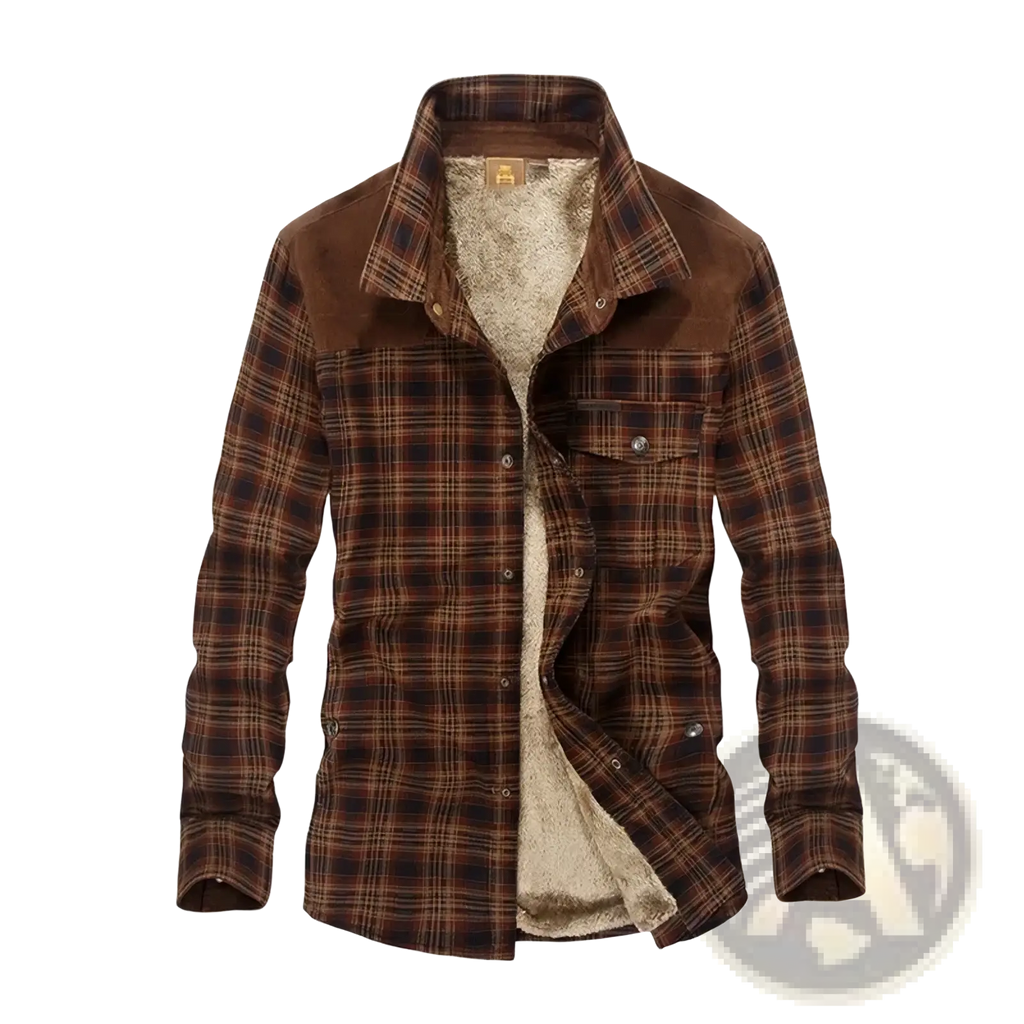 Men fleece plaid casual shirt warm winter jacket in brown with fleece lining and fabric accents on collar and chest pockets
