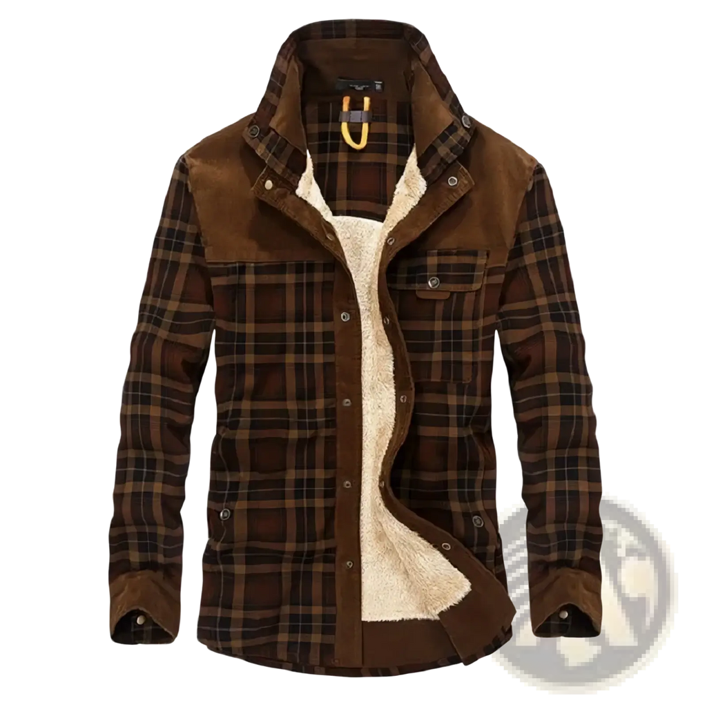 Men fleece plaid casual shirt warm winter jacket in brown flannel with suede collar cuffs and cream fleece lining