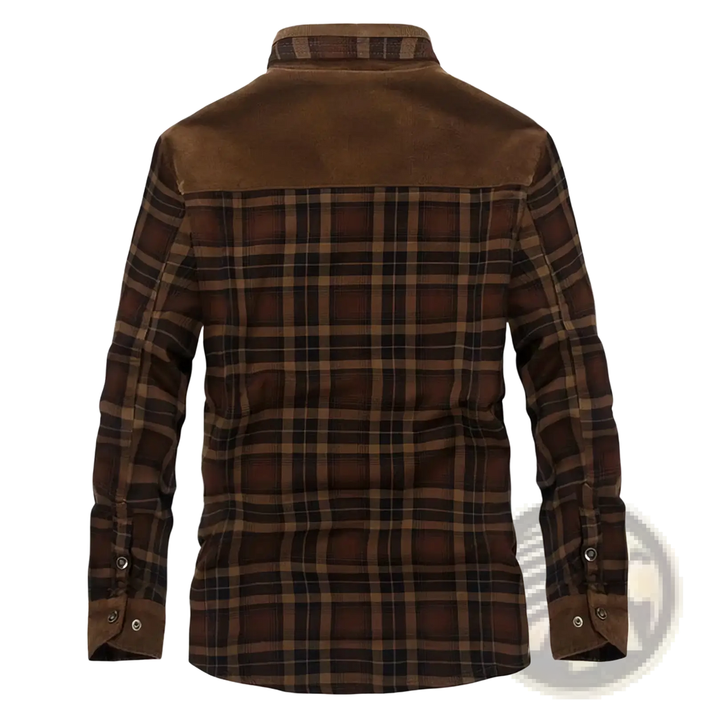 Men fleece plaid casual shirt warm winter jacket in brown flannel with suede collar and cuffs for cold weather