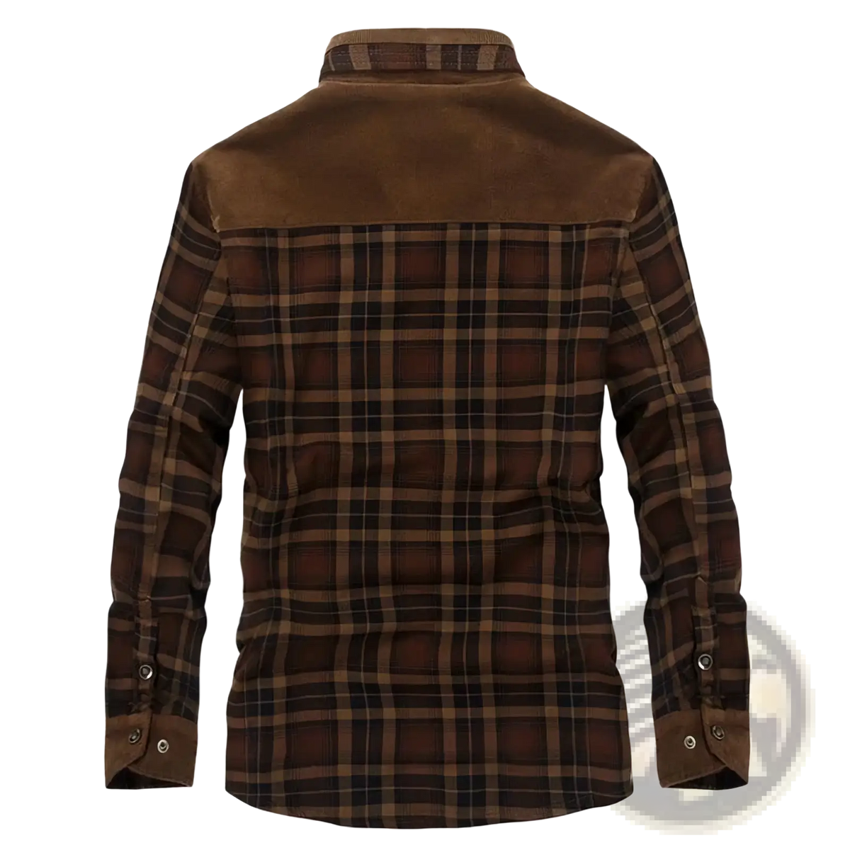 Men fleece plaid casual shirt warm winter jacket in brown flannel with suede collar and cuffs for cold weather