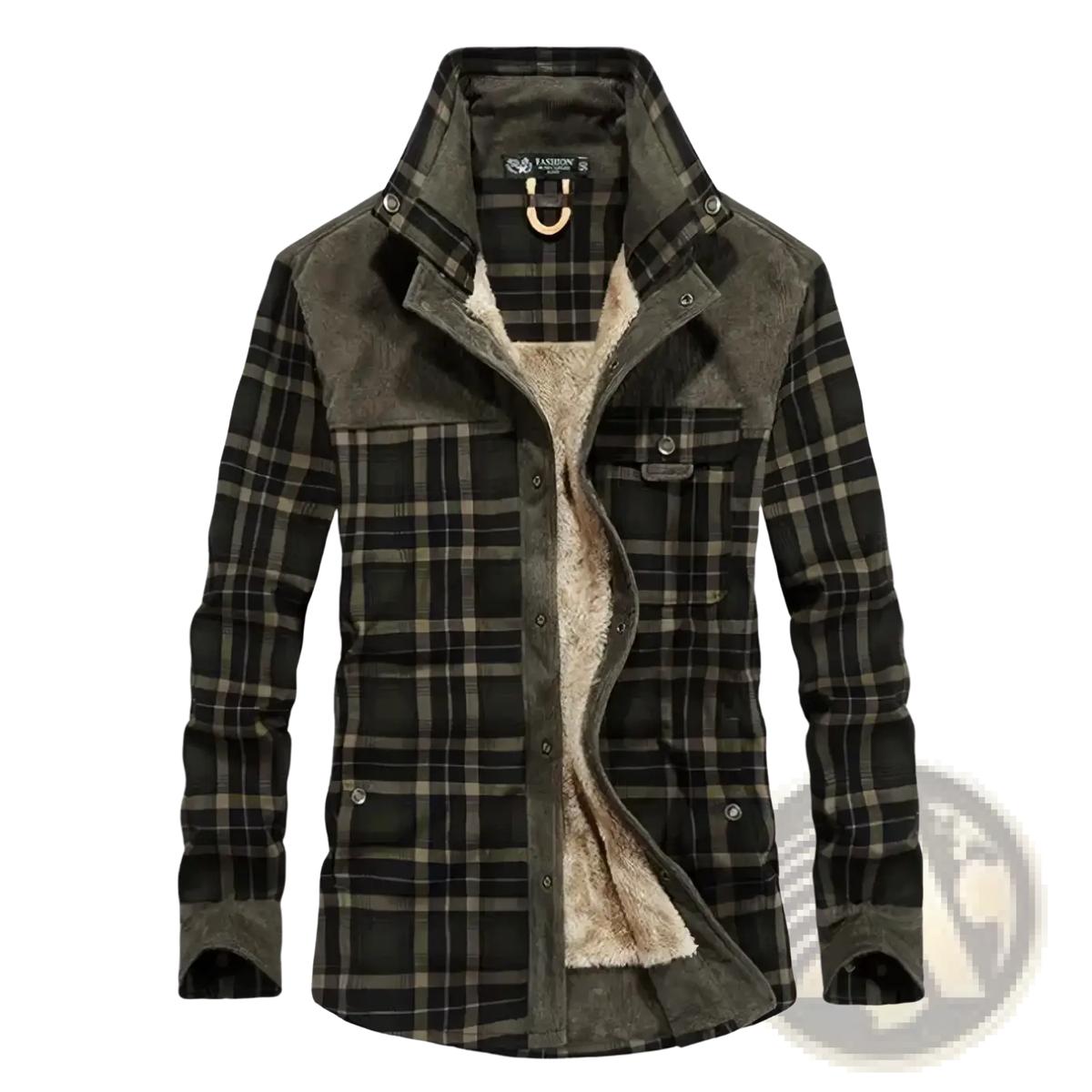 Men fleece plaid casual shirt in dark green and black with fleece lining for warm winter wear