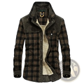 Men fleece plaid casual shirt warm winter jacket in dark brown and black corduroy with beige fleece lining