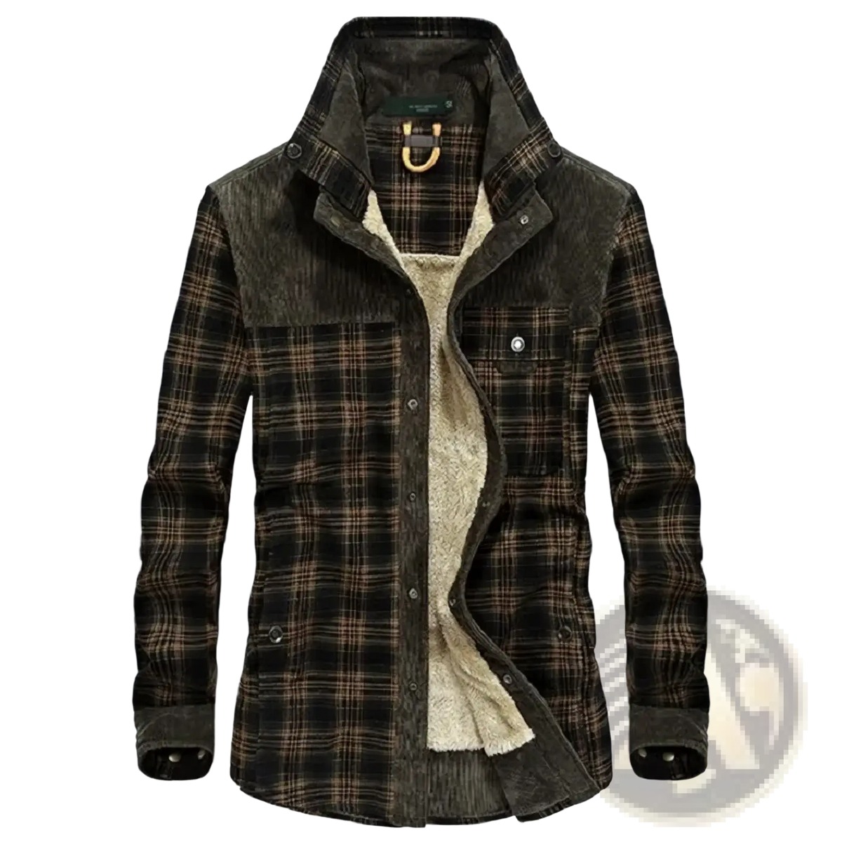 Men fleece plaid casual shirt warm winter jacket in dark brown and black corduroy with beige fleece lining