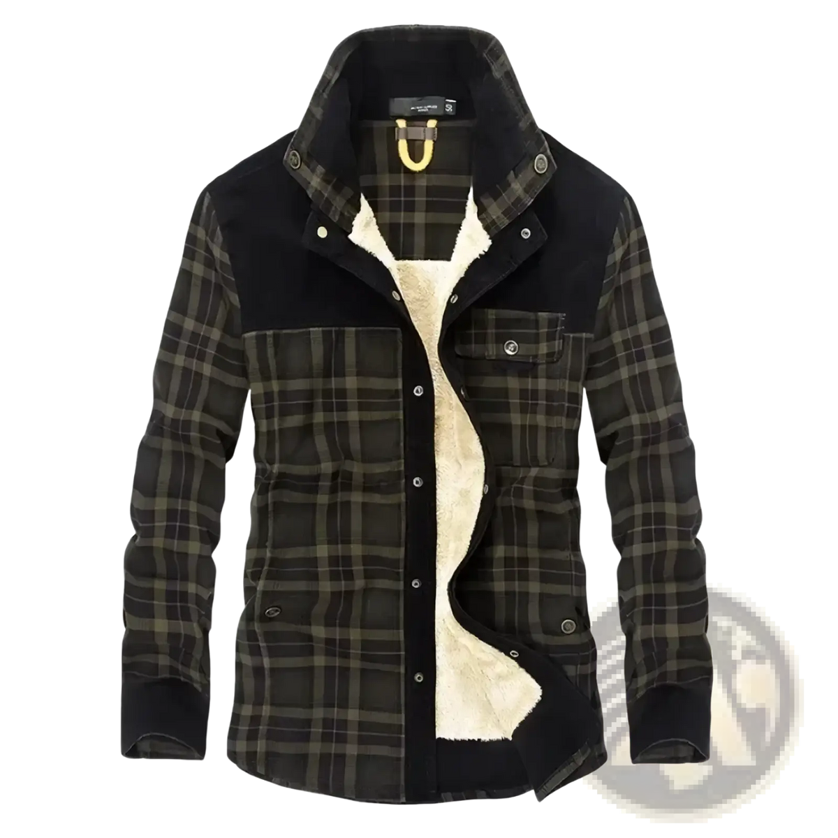 Men fleece plaid flannel shirt jacket in black and olive with fleece lining and dark navy collar and cuffs