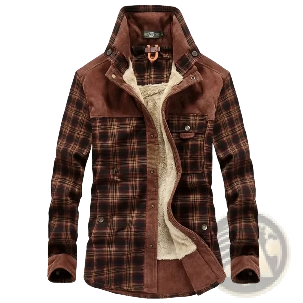 Men fleece plaid flannel shirt jacket in brown plaid corduroy with fleece lining and suede accents visible from the front