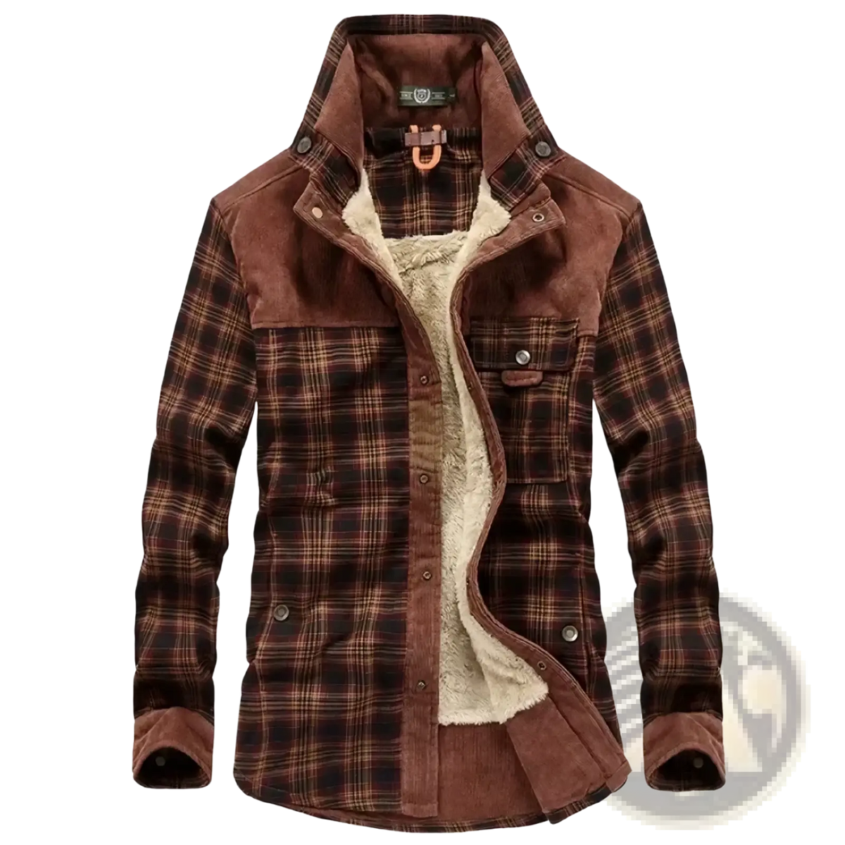 Men fleece plaid flannel shirt jacket in brown plaid corduroy with fleece lining and suede accents visible from the front