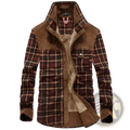 Men fleece plaid flannel shirt jacket in brown with corduroy accents and a fleece-lined interior for warmth