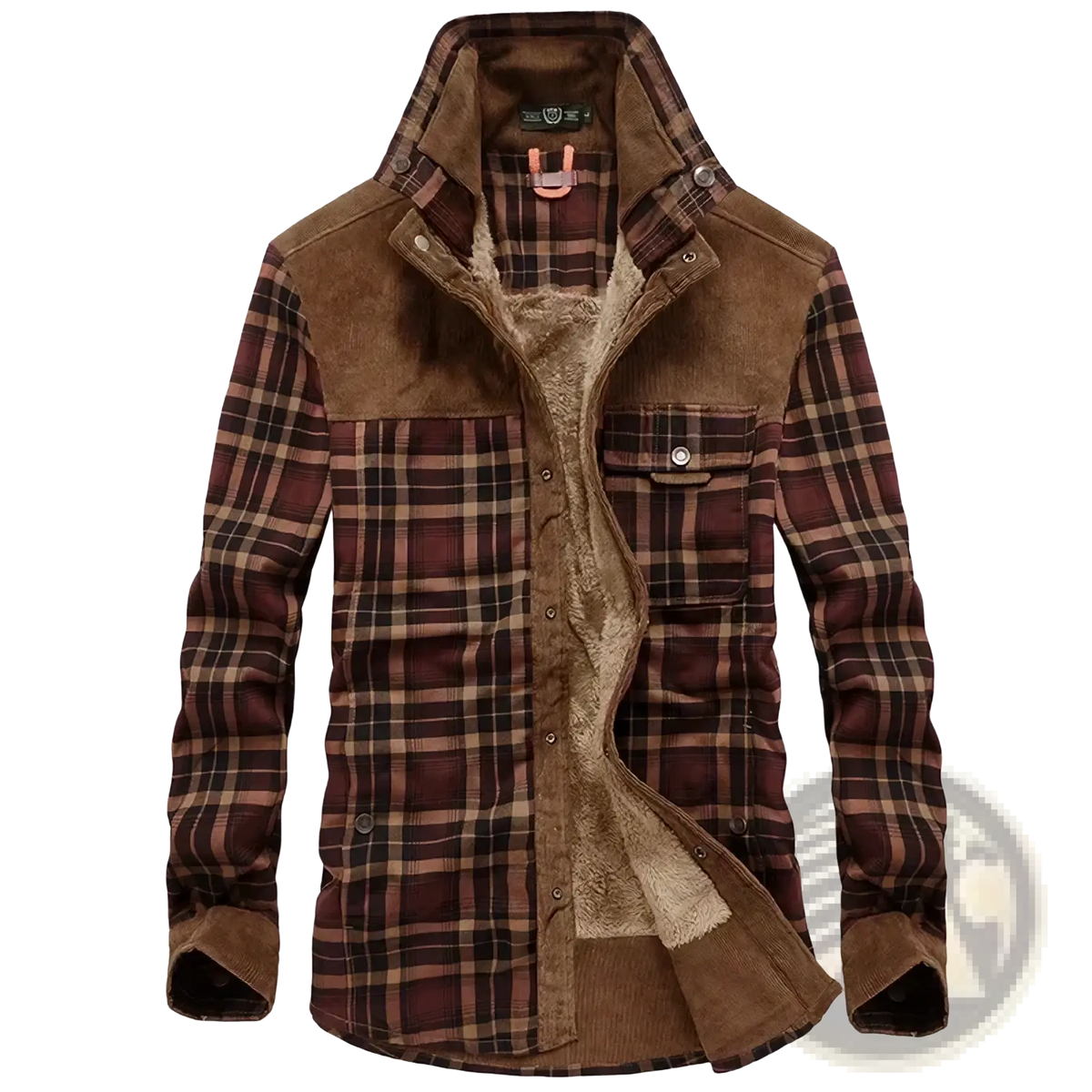 Men fleece plaid flannel shirt jacket in brown with corduroy accents and a fleece-lined interior for warmth