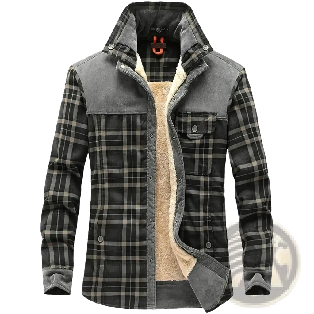 Men fleece plaid flannel shirt jacket in gray and black with a fleece-lined interior for warmth and comfort
