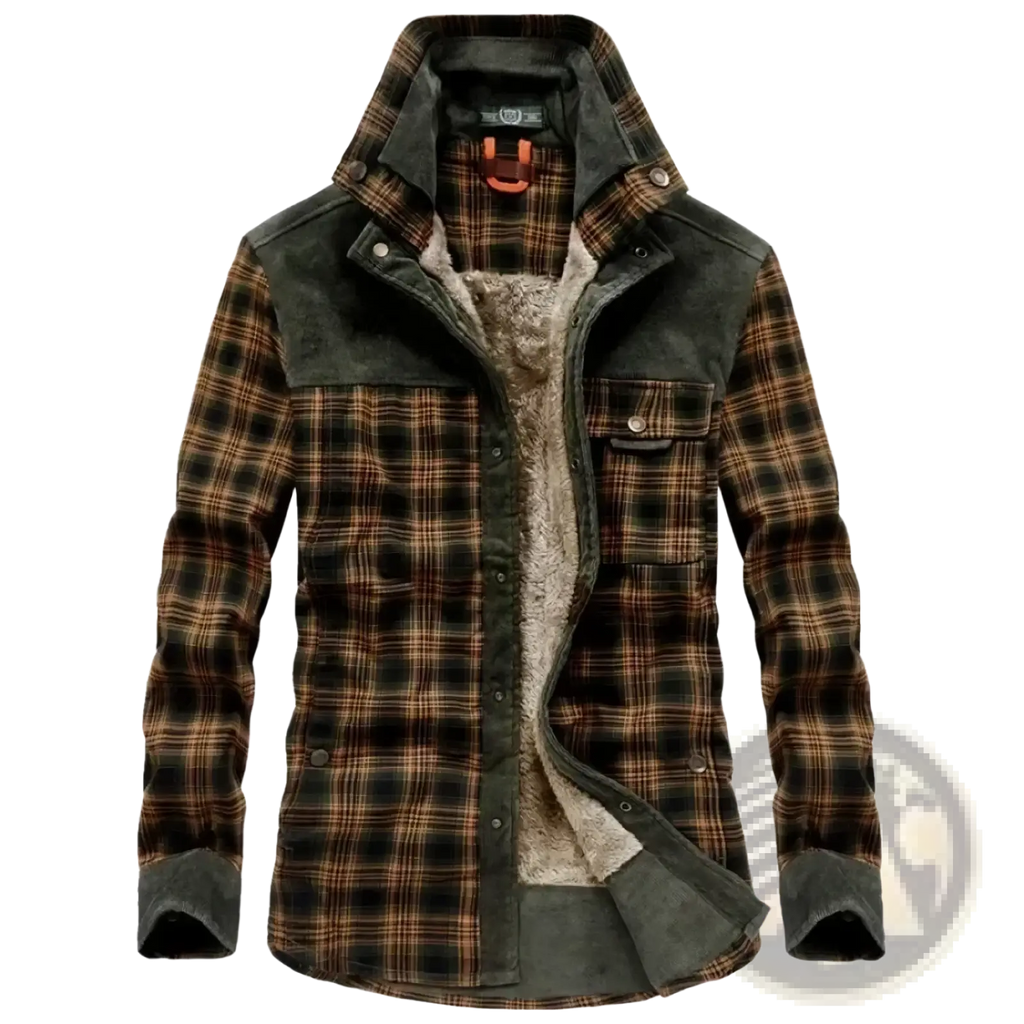 Men fleece plaid flannel shirt jacket in dark green and brown with suede shoulder panels and beige fleece lining