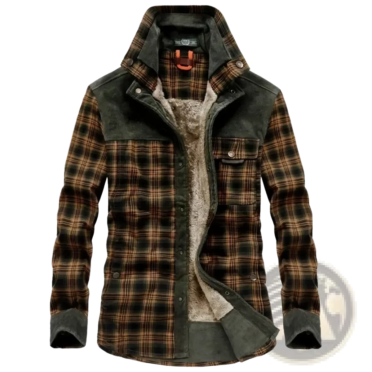 Men fleece plaid flannel shirt jacket in dark green and brown with suede shoulder panels and beige fleece lining